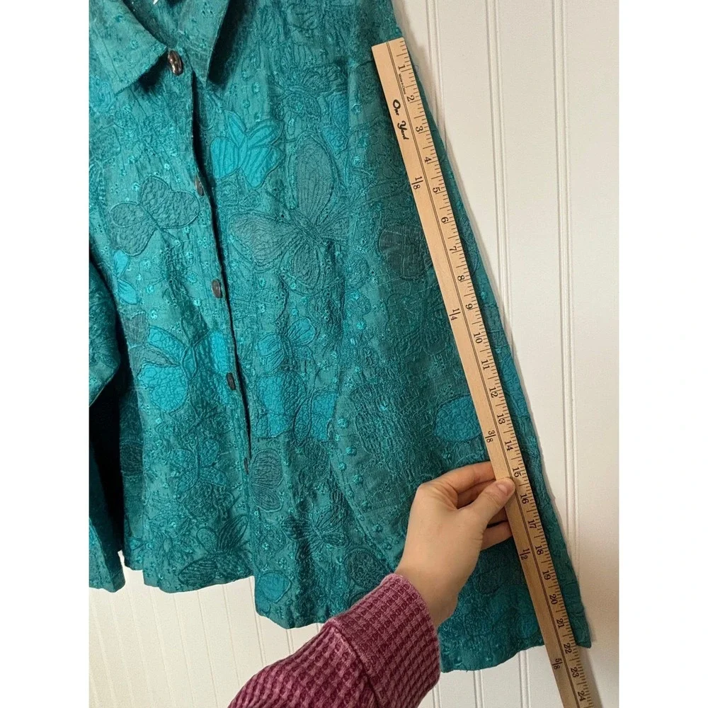 Vintage Chico's Teal Floral Button Up Blouse L Butterfly Silk Artsy Boho Retro - Picture 9 of 10